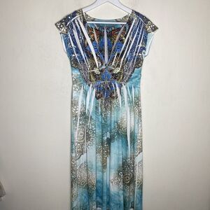 Cristina Love Rhinestone Mixed Pattern Country Teal Midi Dress Size Medium